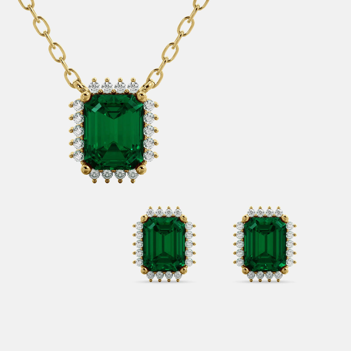 Halo Emerald-Cut Necklace & Stud Earrings Set