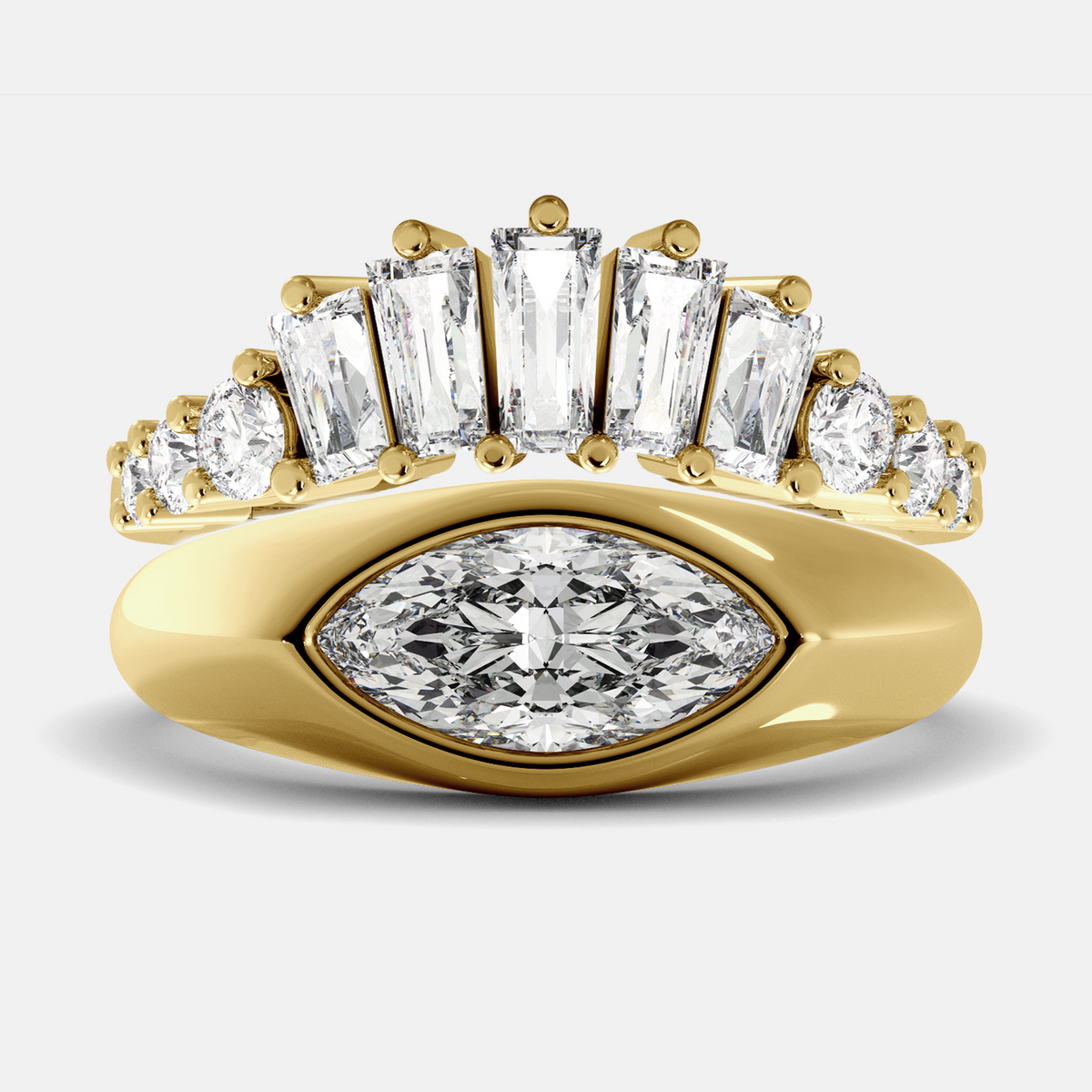 evil eye protection ring set in solid 14k yellow gold with marquise diamond and baguette diamond crown band, handcrafted in los angeles by juwels & co