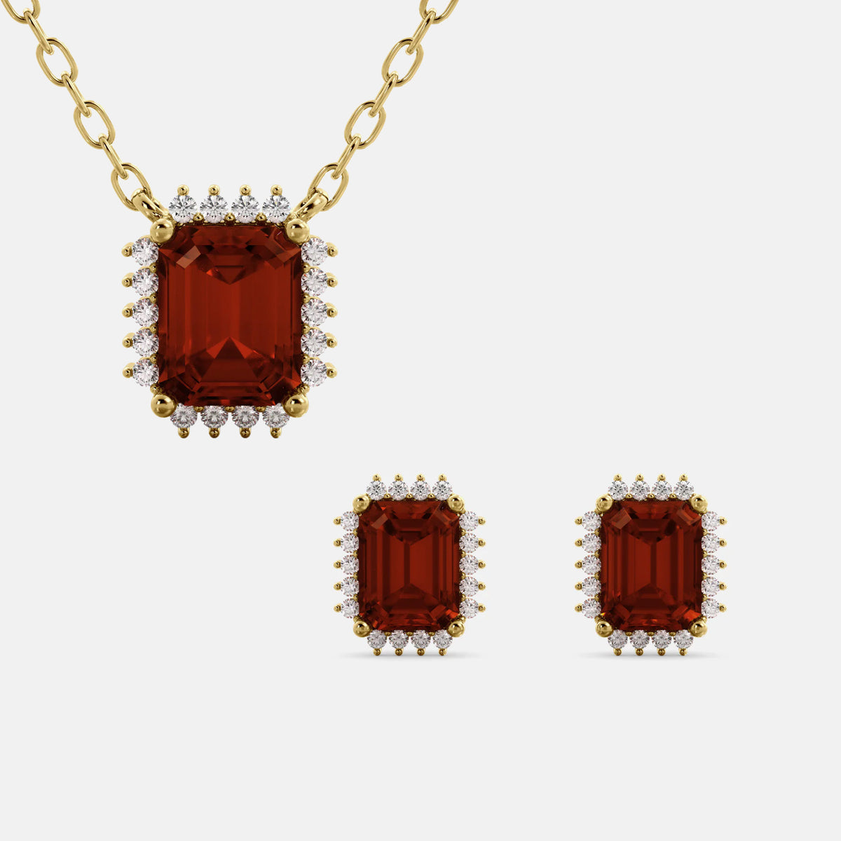 Halo Emerald-Cut Necklace & Stud Earrings Set