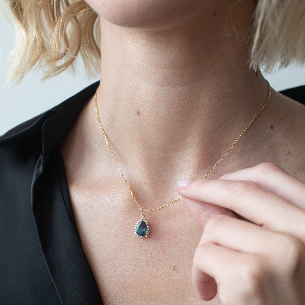 London Blue Topaz Pear-Cut Halo Necklace