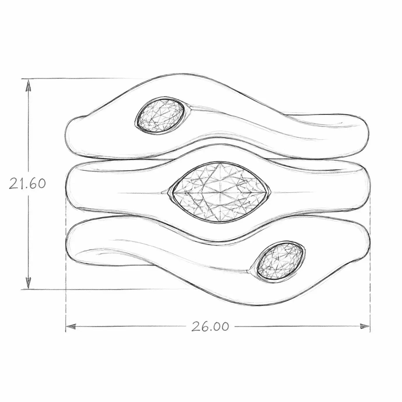 Technical drawing of three sculpture rings 
