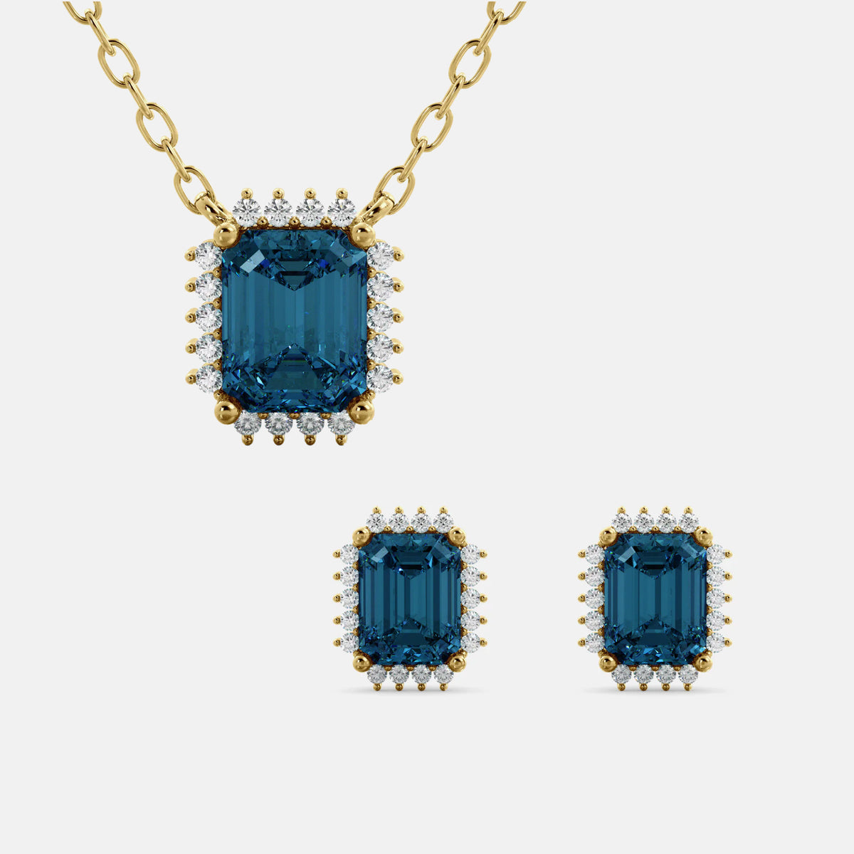 Halo Emerald-Cut Necklace & Stud Earrings Set