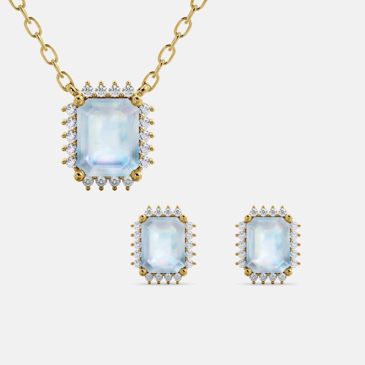 Halo Emerald-Cut Necklace & Stud Earrings Set
