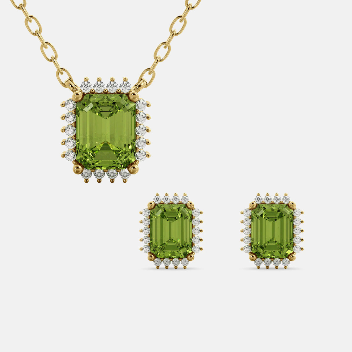 Halo Emerald-Cut Necklace & Stud Earrings Set