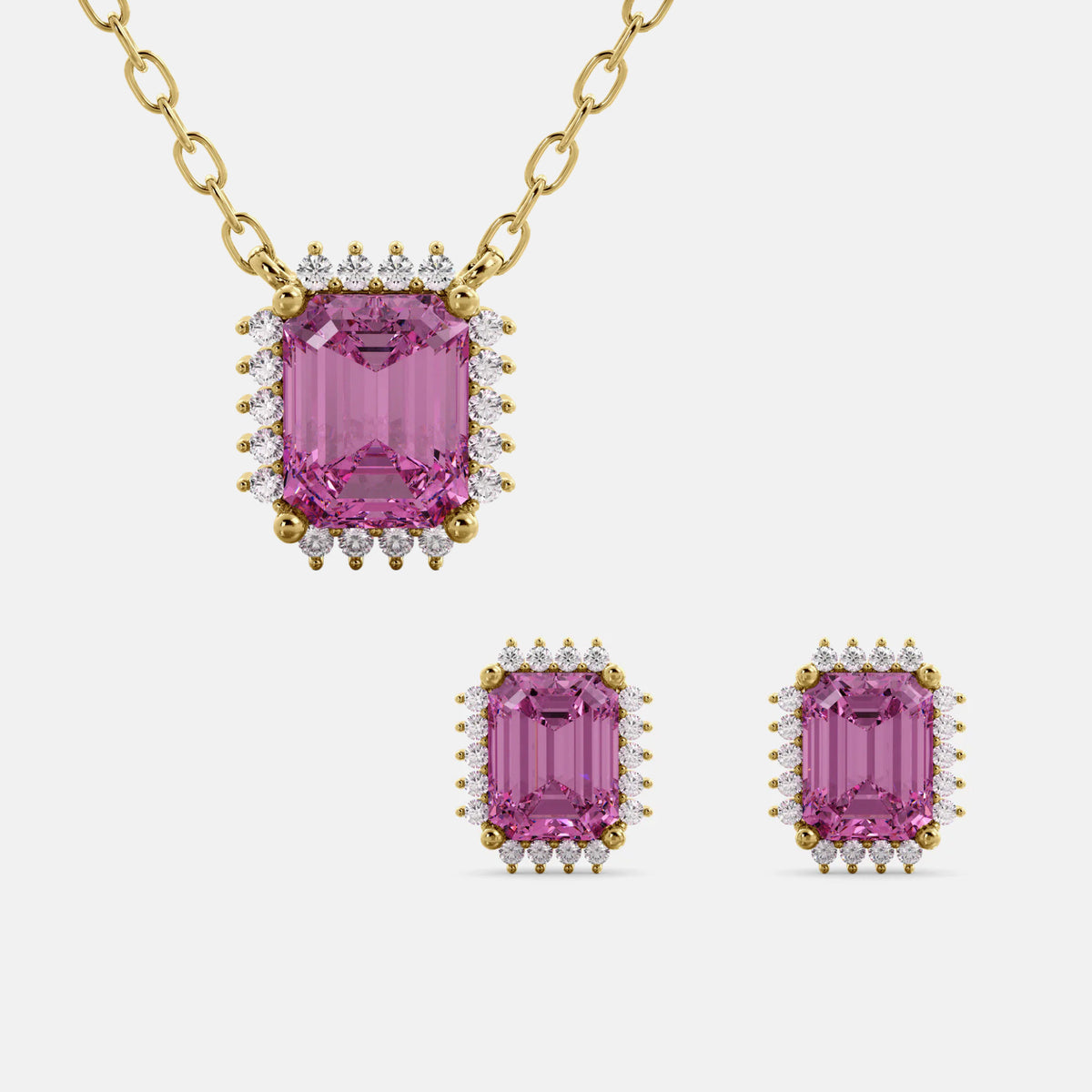 Halo Emerald-Cut Necklace & Stud Earrings Set