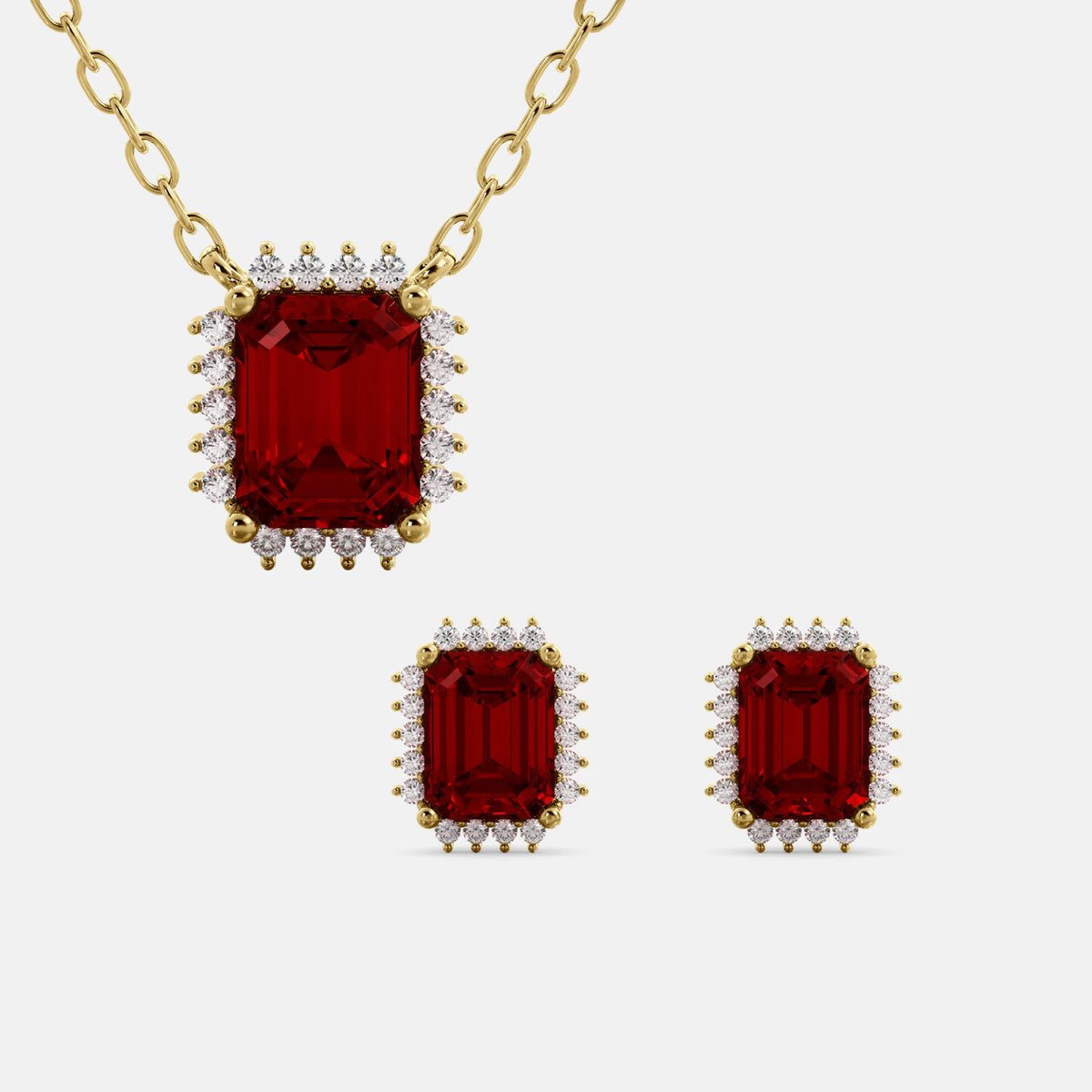Halo Emerald-Cut Necklace & Stud Earrings Set