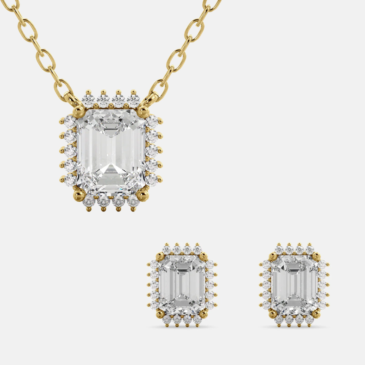 Halo Emerald-Cut Necklace & Stud Earrings Set