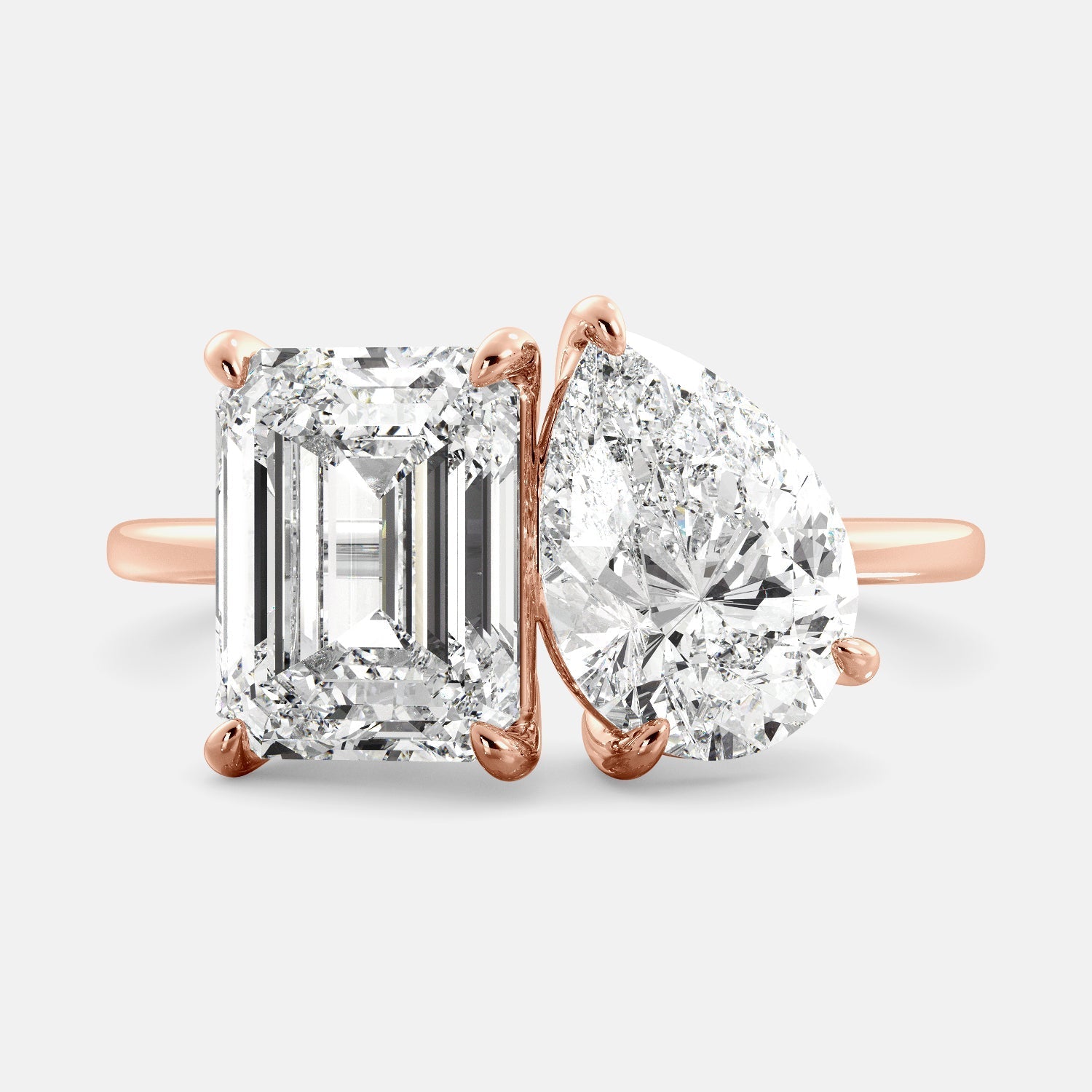 Lab-grown Toi-et-Moi Diamond Ring with two Diamonds, Emerald and Pear Diamond cut, 4-carat, rose gold 14K