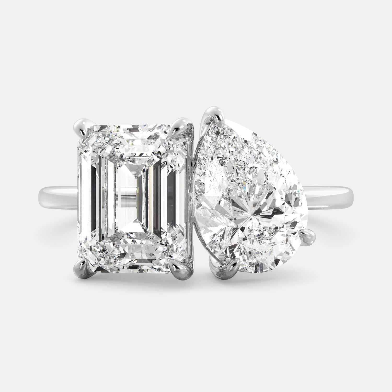 Lab-grown Toi-et-Moi Diamond Ring with two Diamonds, Emerald and Pear Diamond cut, 4-carat, white gold 14K