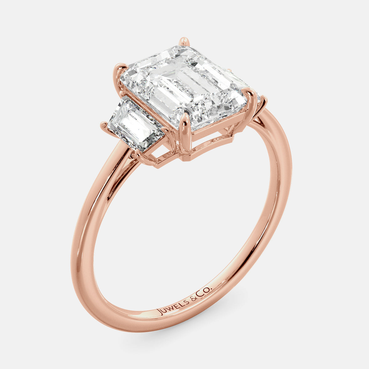 Lab-grown Emerald Cut Diamond Ring with side baguettes, rose gold 14K