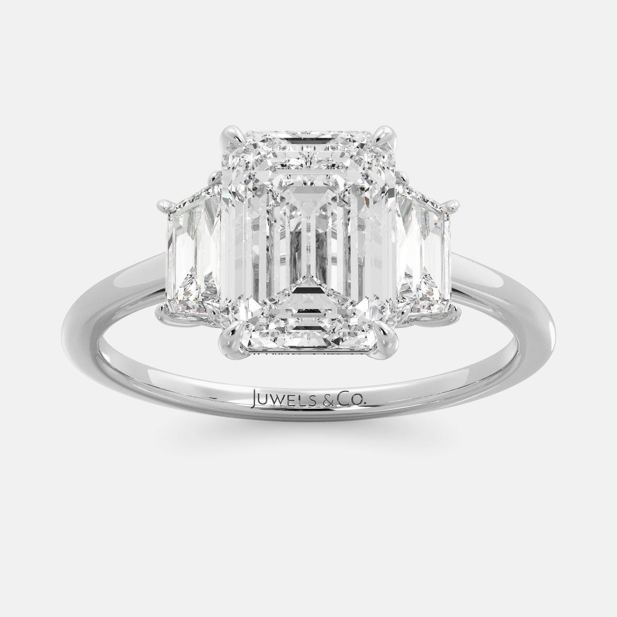 Lab-grown Emerald Cut Diamond Ring with side baguettes, white gold 14K