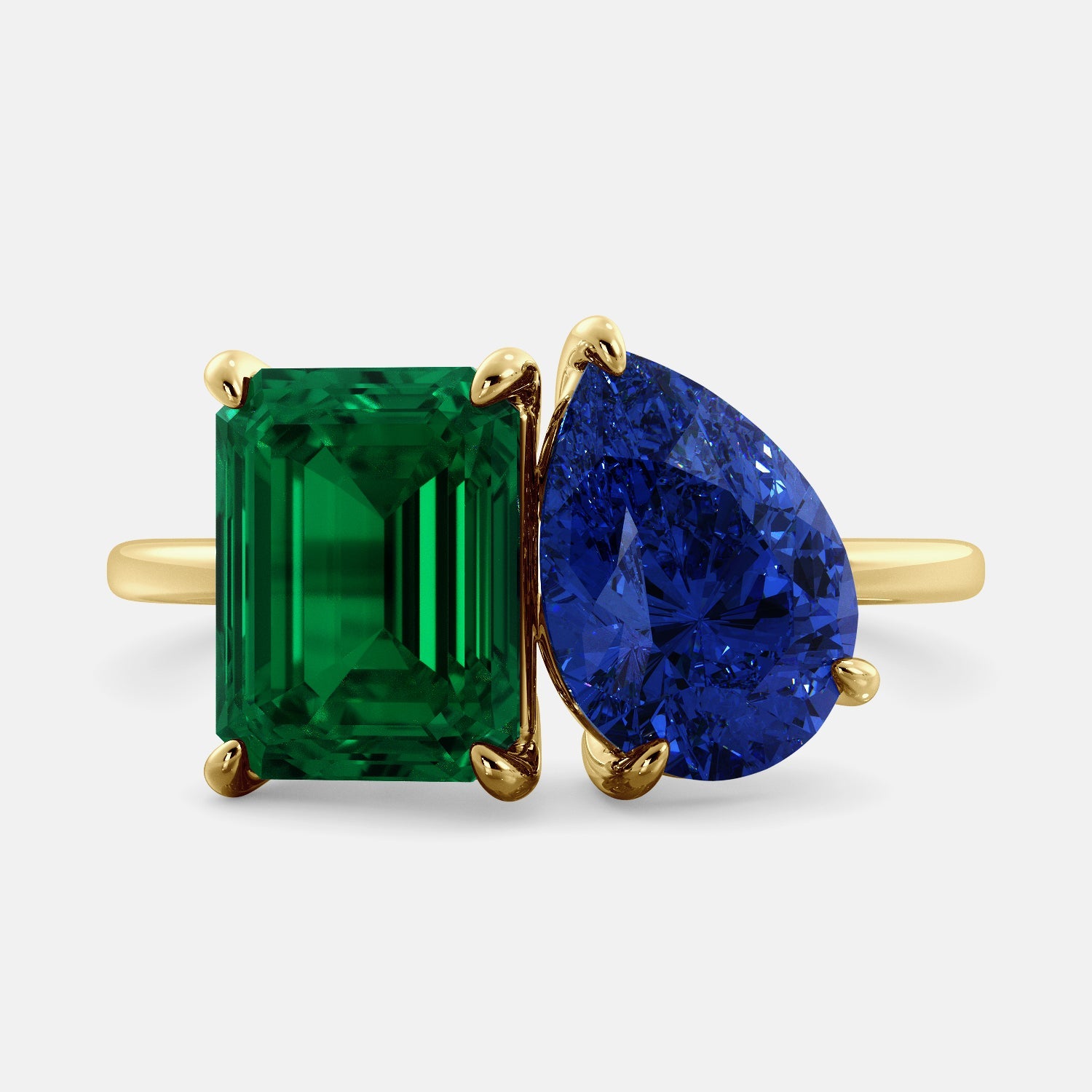 Birthstone Ring with two lab-grown diamonds, Emerald and pear Diamond Shape, with yellow recycled 14K gold