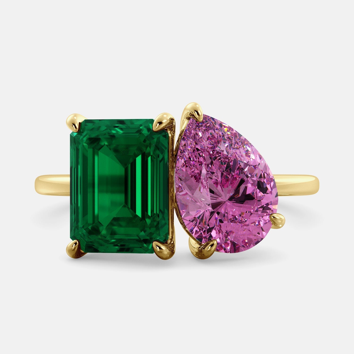 Birthstone Ring with two lab-grown diamonds, Emerald and pear Diamond Shape, with yellow recycled 14K gold
