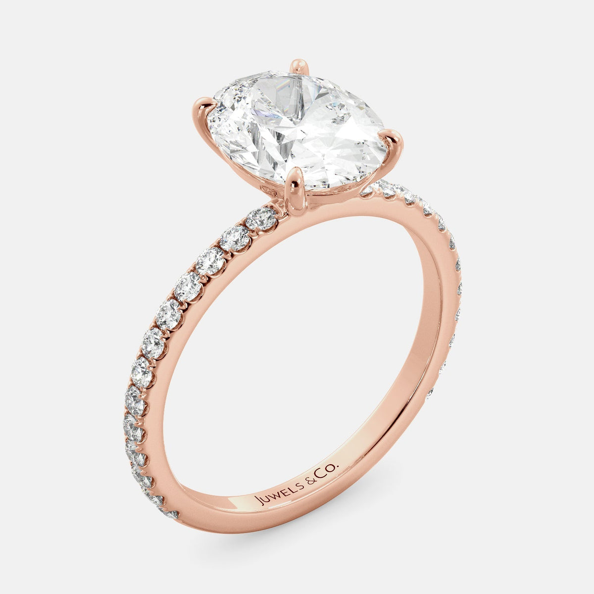 Lab-grown Oval Cut Diamond Ring with pave, 2 carat, rose gold 14K