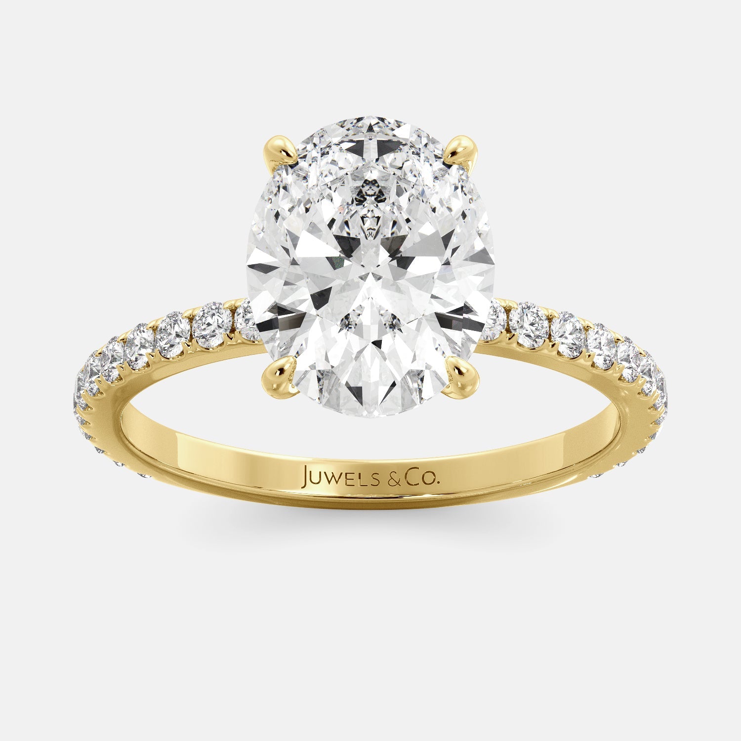 Lab-grown Oval Cut Diamond Ring with pave, 2 carat, yellow gold 14K
