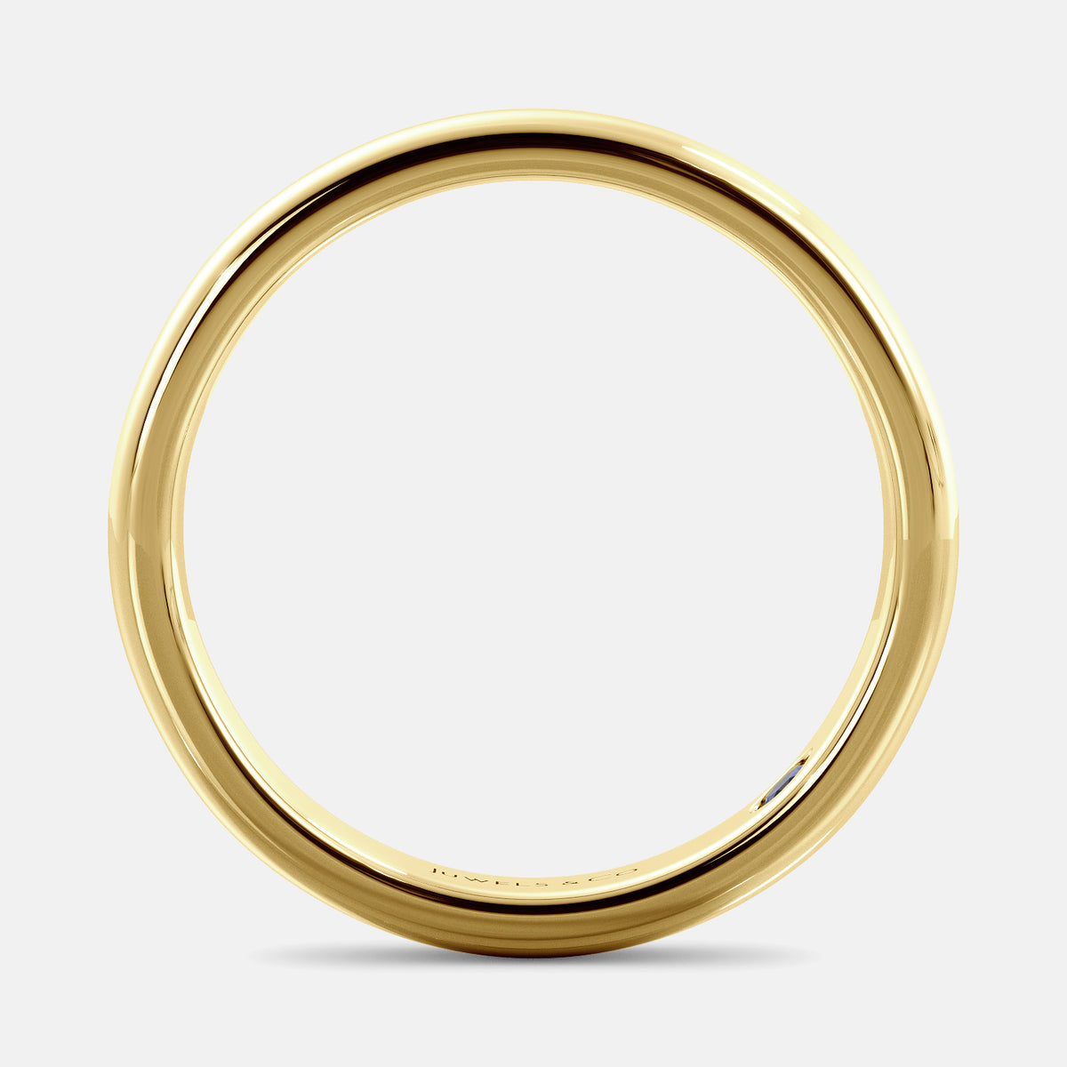 A close-up of a yellow gold flat wedding band with a hidden stone. The band is a classic and timeless design that is perfect for any occasion. The hidden stone can be customized with one of 12 different gemstones, including diamonds, rubies, sapphires, and emeralds. This makes the band a unique and personal choice for the wearer.