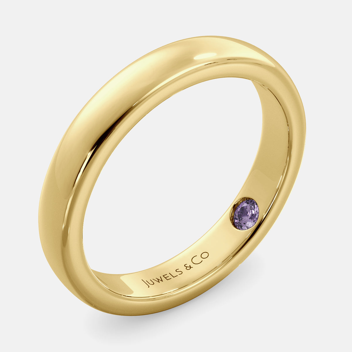 A close-up of a yellow gold flat wedding band with a hidden stone. The band is a classic and timeless design that is perfect for any occasion. The hidden stone can be customized with one of 12 different gemstones, including diamonds, rubies, sapphires, and emeralds. This makes the band a unique and personal choice for the wearer.
