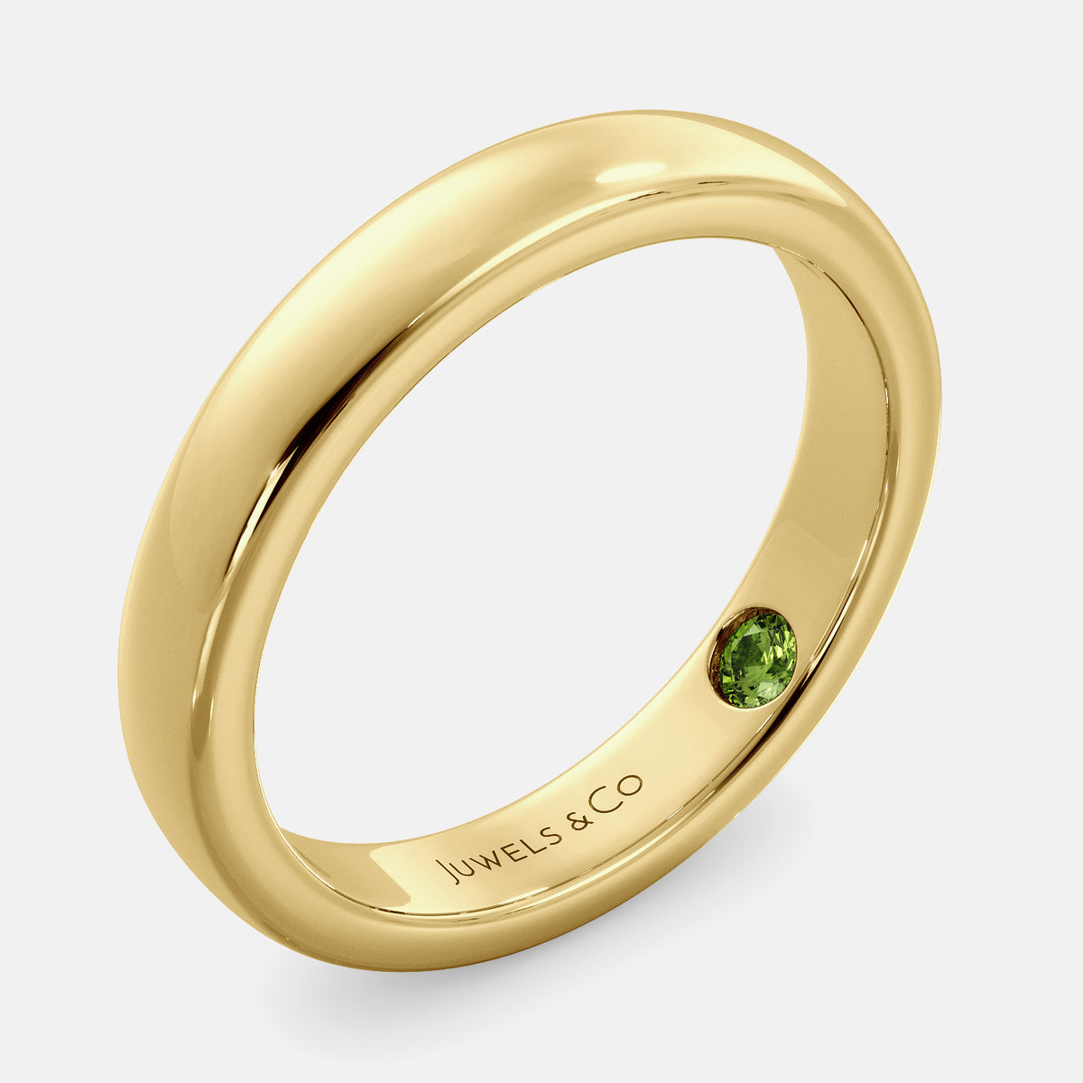 A close-up of a yellow gold flat wedding band with a hidden stone. The band is a classic and timeless design that is perfect for any occasion. The hidden stone can be customized with one of 12 different gemstones, including diamonds, rubies, sapphires, and emeralds. This makes the band a unique and personal choice for the wearer.