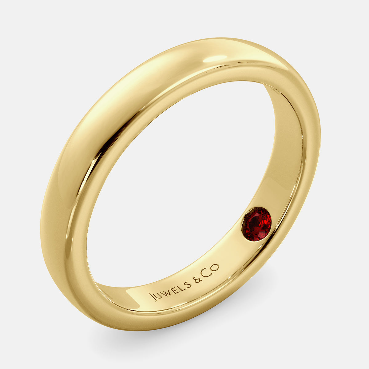 A close-up of a yellow gold flat wedding band with a hidden stone. The band is a classic and timeless design that is perfect for any occasion. The hidden stone can be customized with one of 12 different gemstones, including diamonds, rubies, sapphires, and emeralds. This makes the band a unique and personal choice for the wearer.